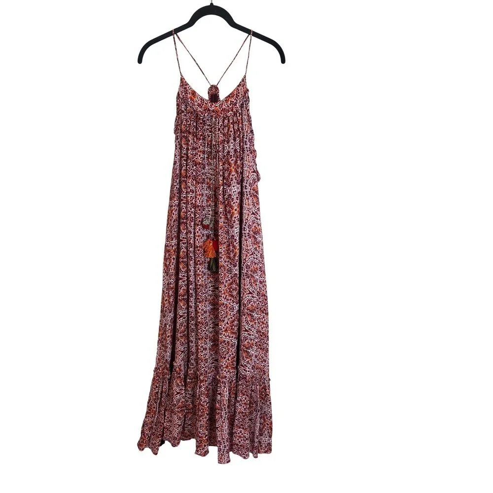 MISA Los Angeles Boho Paisley Maxi Dress Burgundy Orange Tassel Spaghetti Strap - Picture 2 of 7